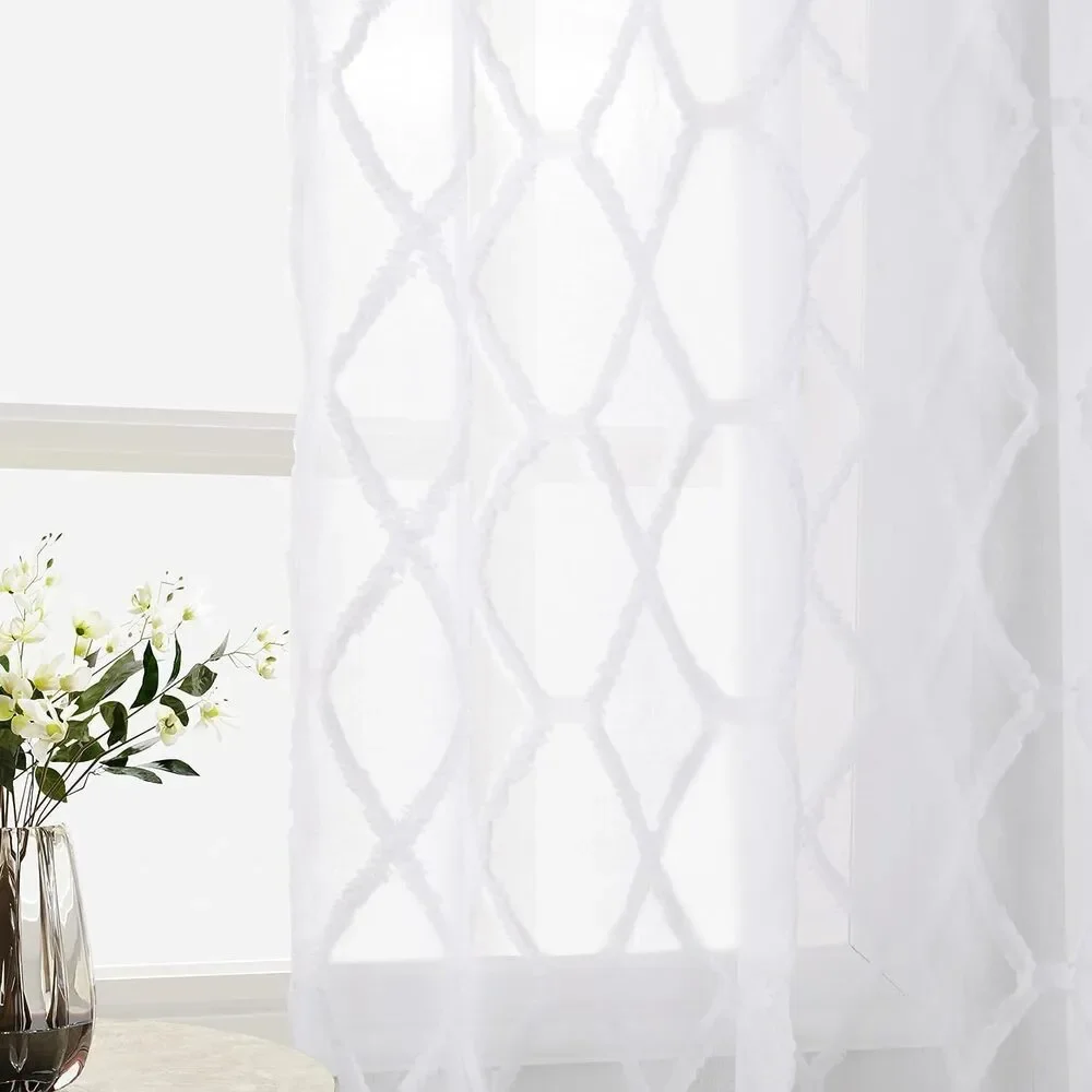 Sheer Curtains Bedroom/Living Room Trellis Pattern 54 x 108, 2 Panels White